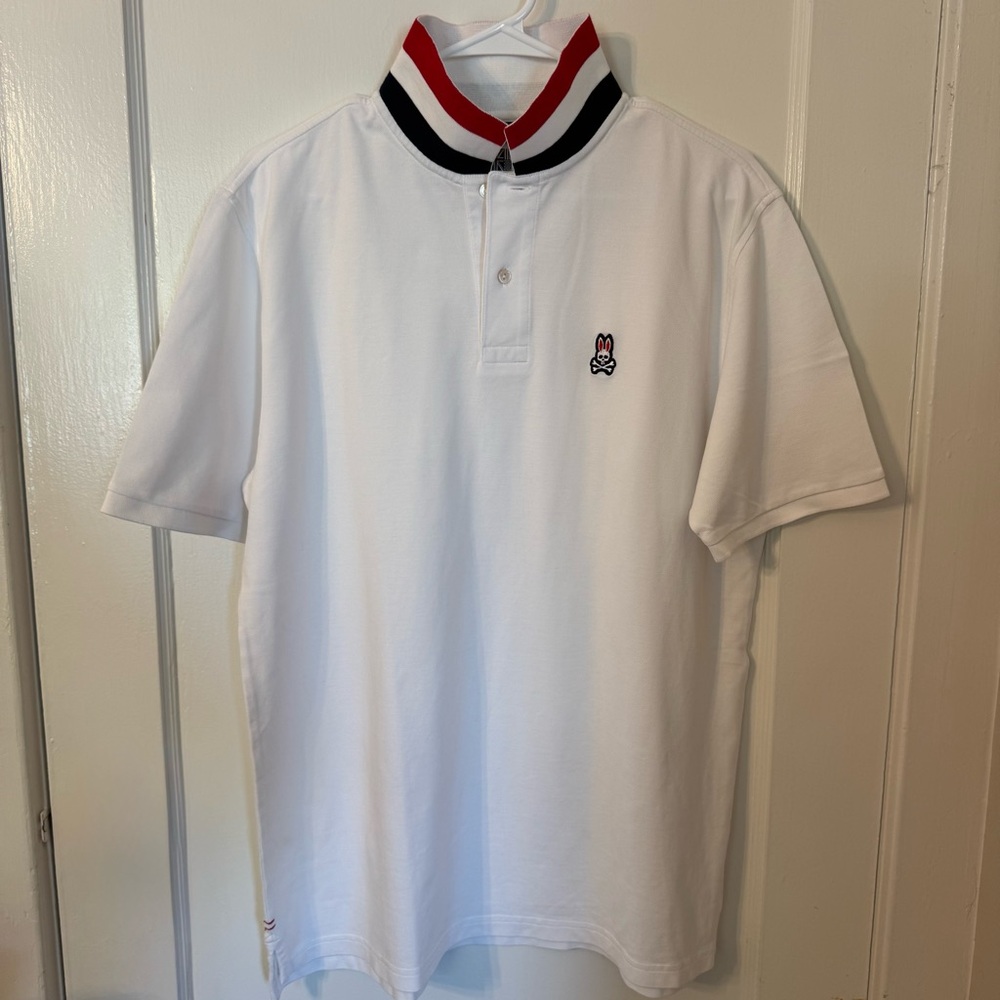 Psycho Bunny White Polo with Red and Navy Collar
